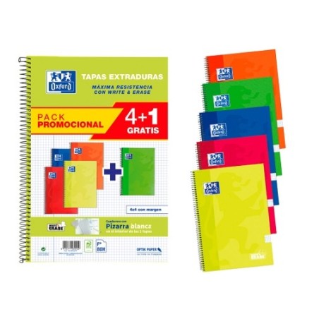 Cuaderno Espiral PACK 4+1 WRITE&ERASE 21,5X31,5 Tapa Extradura 4X4 con margen 80 Hojas COLORES PASTEL OXFORD SCHOOL CLASSIC