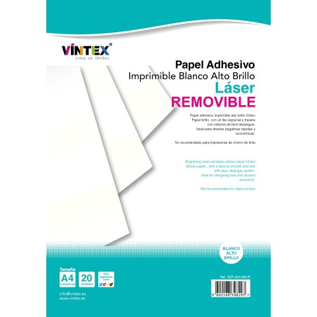 Papel Adhesivo Imprimible Blanco Alto Brillo láser REMOVIBLE