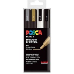 Estuche 4 rotuladores Blanco/negro/oro/plata pc-3m 1.3mm Posca