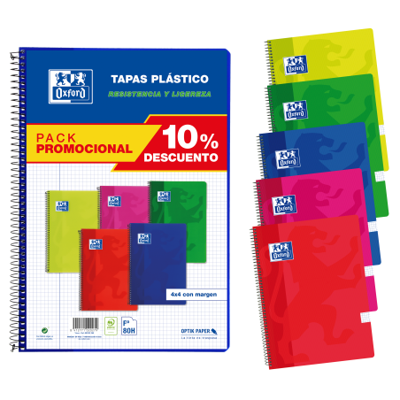 PACK 5 Cuadernos Espiral 21,5X31,5 Tapa de Plástico 4x4 con margen 80 Hojas COLORES VIVOS OXFORD SCHOOL CLASSIC