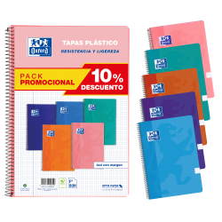 PACK 5 Cuadernos Espiral 21,5X31,5 Tapa de Plástico 4x4 con margen 80 Hojas COLORES TENDENCIA OXFORD SCHOOL CLASSIC