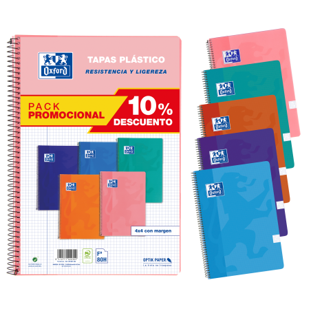 PACK 5 Cuadernos Espiral 21,5X31,5 Tapa de Plástico 4x4 con margen 80 Hojas COLORES TENDENCIA OXFORD SCHOOL CLASSIC