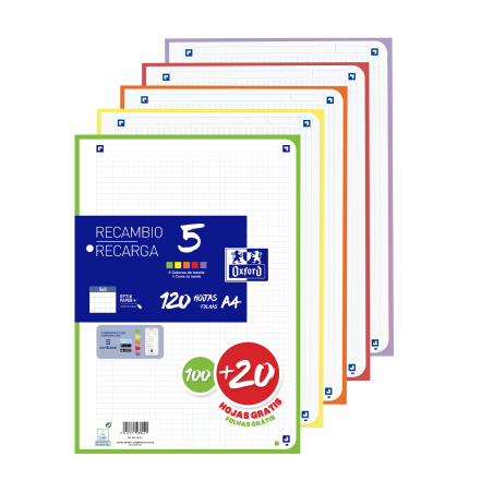Recambio Paquete con 5 colores de banda VIVOS 5x5 100+20 Hojas  A4 SCRIBZEE OXFORD SCHOOL