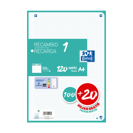 Recambio Paquete A4 con 1 color de banda 5x5  100+20 Hojas OXFORD SCHOOL