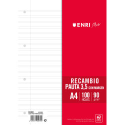 Recambio Paquete Pauta 3,5mm con margen 4 Taladros 100 Hojas 90gr A4  ENRI PLUS