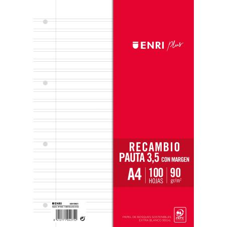 Recambio Paquete Pauta 3,5mm con margen 4 Taladros 100 Hojas 90gr A4  ENRI PLUS