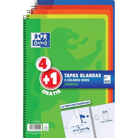 PACK 4+1 Cuaderno Espiral 21,5X31,5 Tapa Blanda 4X4 con margen 80 Hojas OXFORD SCHOOL CLASSIC